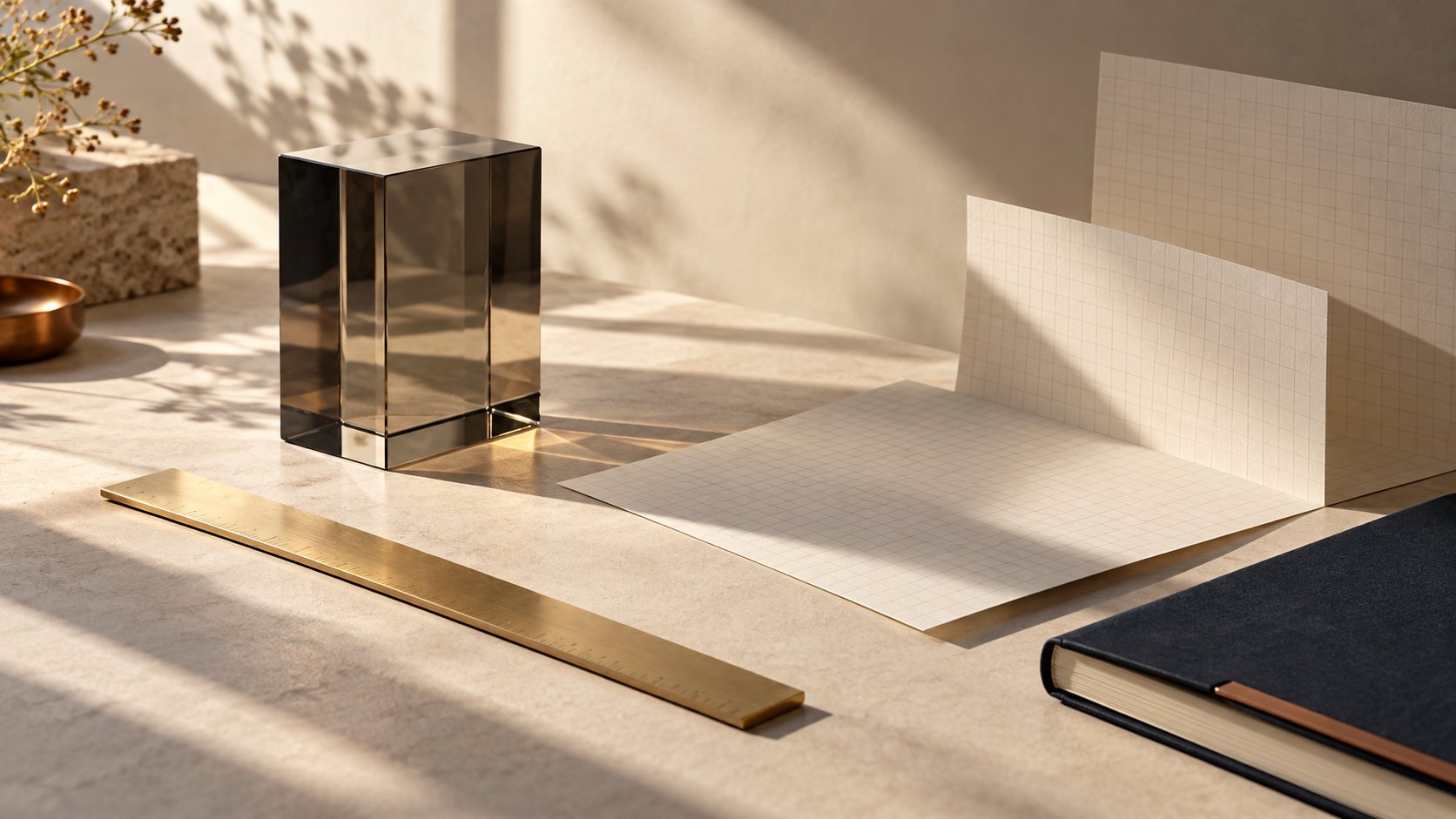 Blank grid paper, a glass block, ruler and notebook on a warm ivory desk.